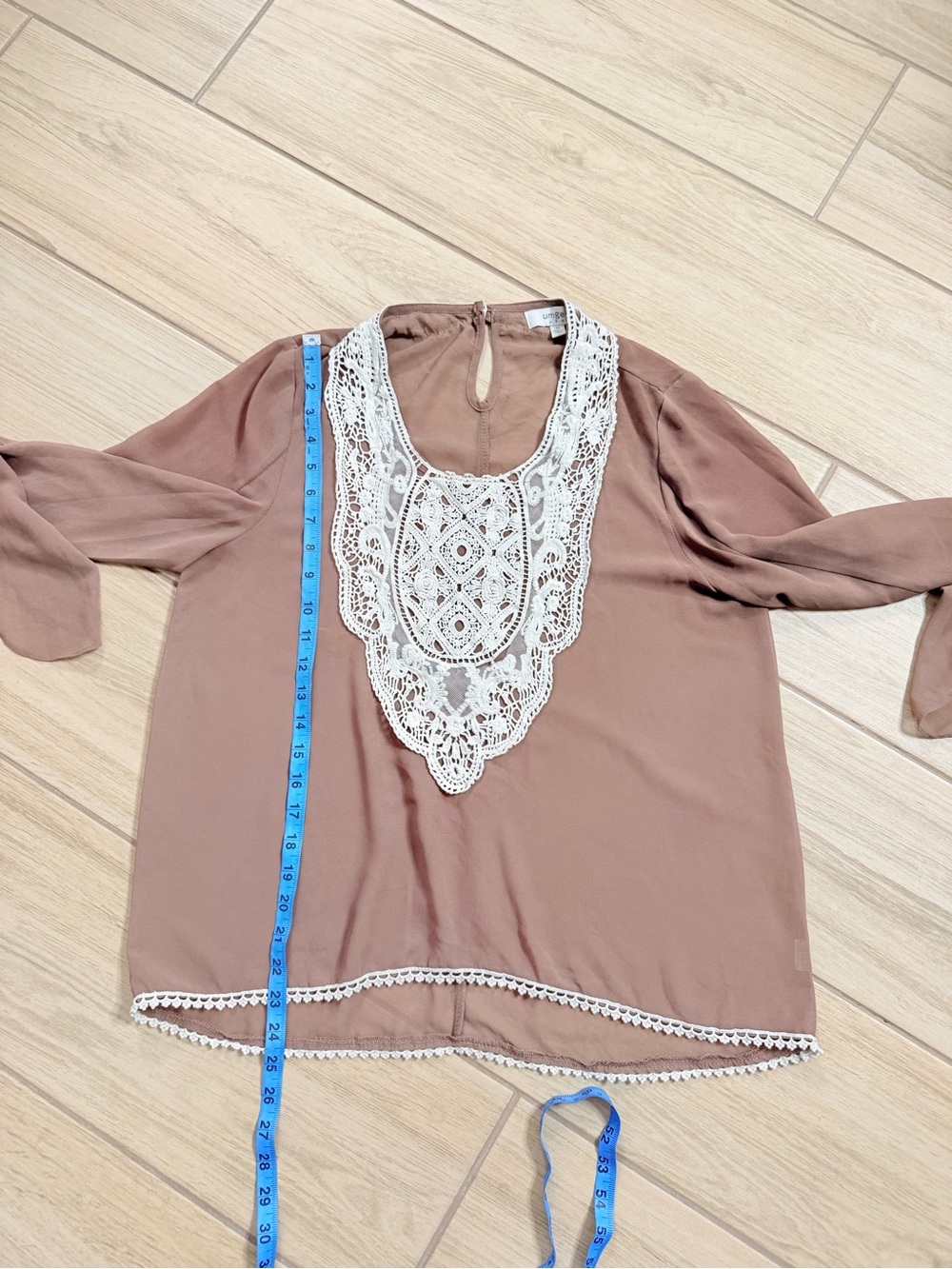 Umgee Womens SizeM Brown Crochet Lace Bib Blouse Flowy Chiffon Boho Festival Top - Picture 5 of 6